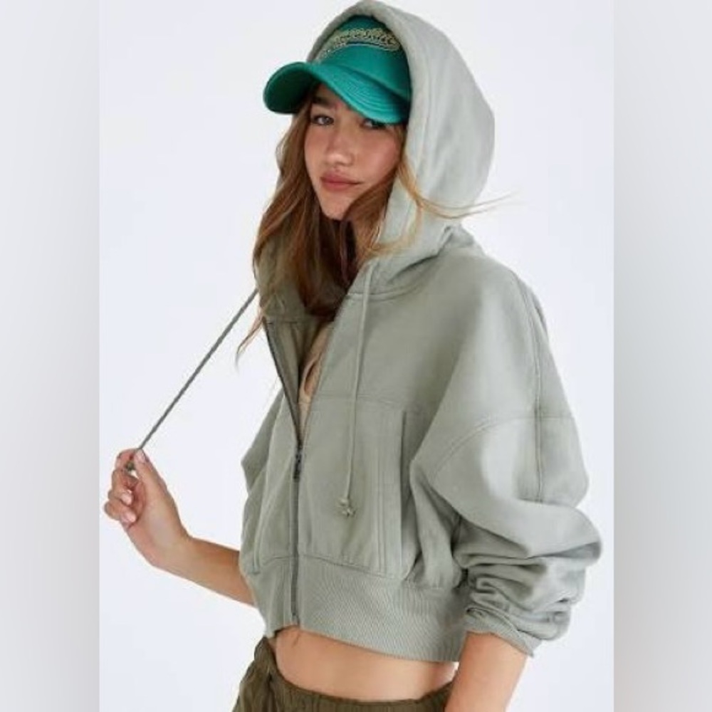Aeropostale Oversized Cropped Full-Zip Hoodie Jacket (Washed Olive Green) - XS - Picture 2 of 11